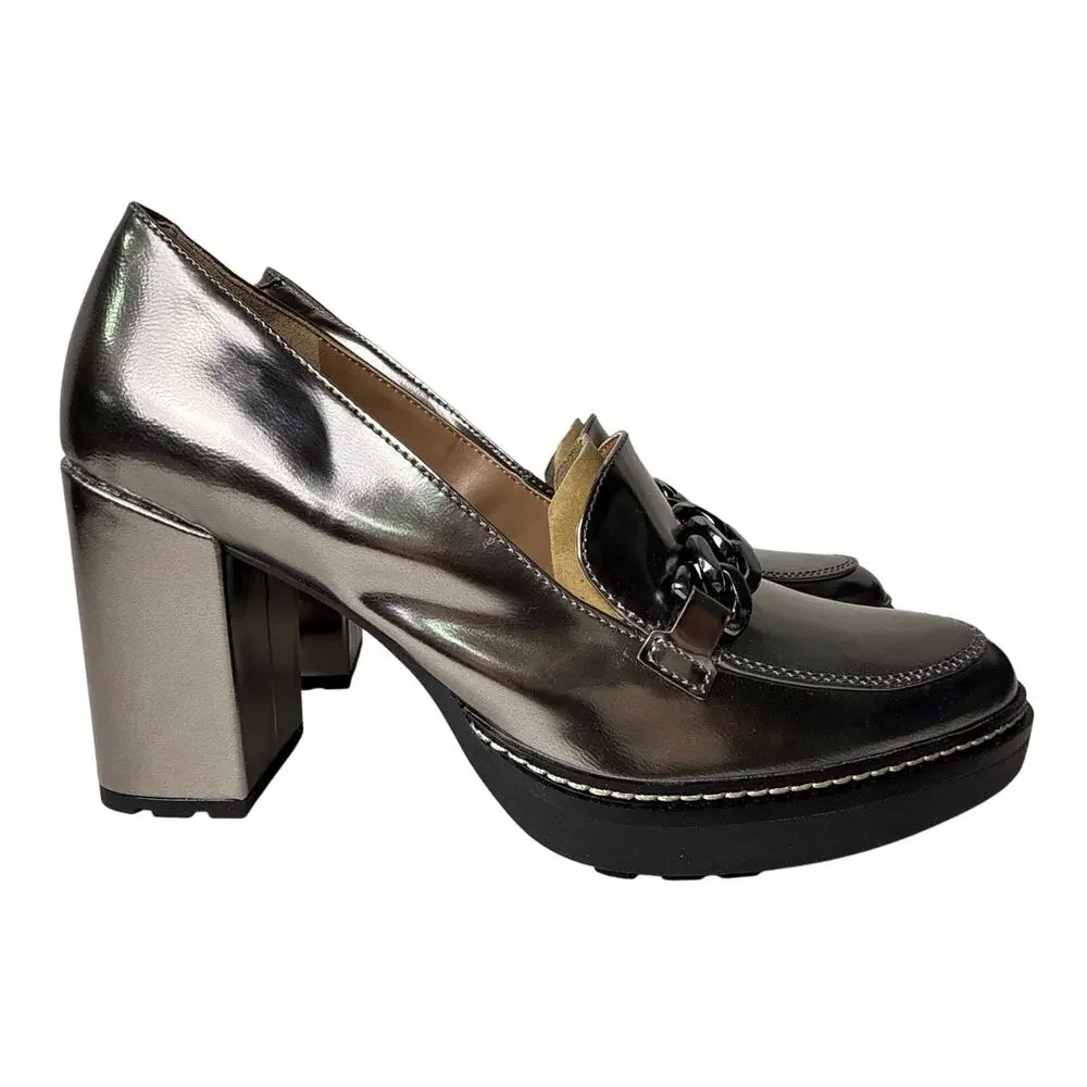 Naturalizer Loafer Callie-Moc Pumps Womens 9M Pewter Metallic Block Heel Chain